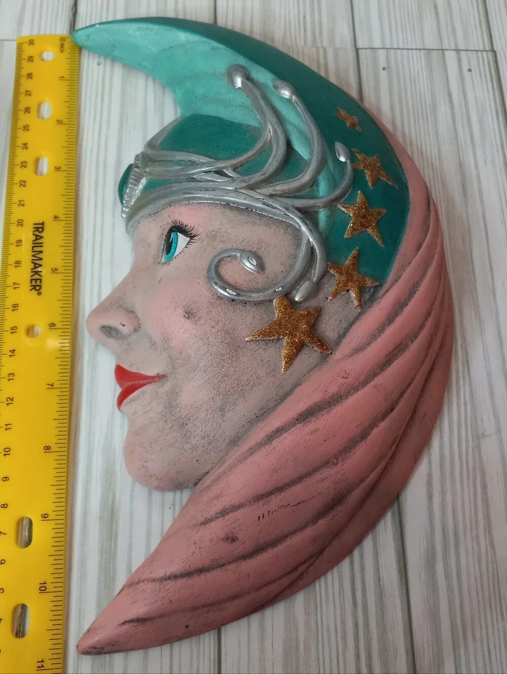 Vintage Crescent Moon Face Wall Art Ceramic Handpainted Celestial Goddess